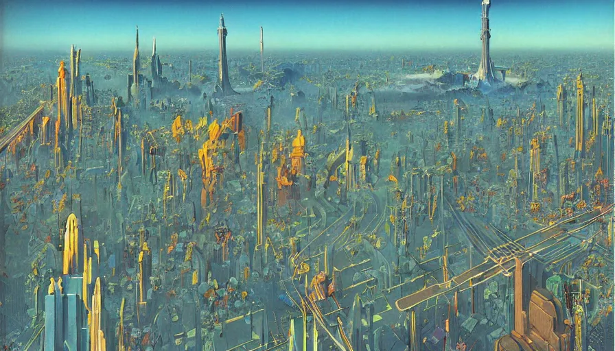 Prompt: a sprawling metropolis with flying cars, by roger dean, by dean ellis, by Jean Giraud, by Moebius, highly detailed, soft lighting, oil on canvas