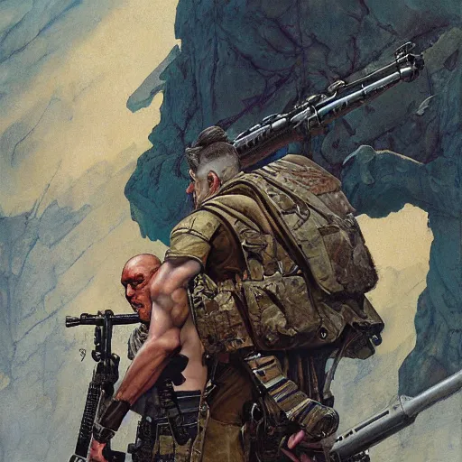 Prompt: a tactical soldier with his back to the viewer, looks up to see a giant woman with horns, by jon foster, gerald brom, wayne barlowe, and norman rockwell