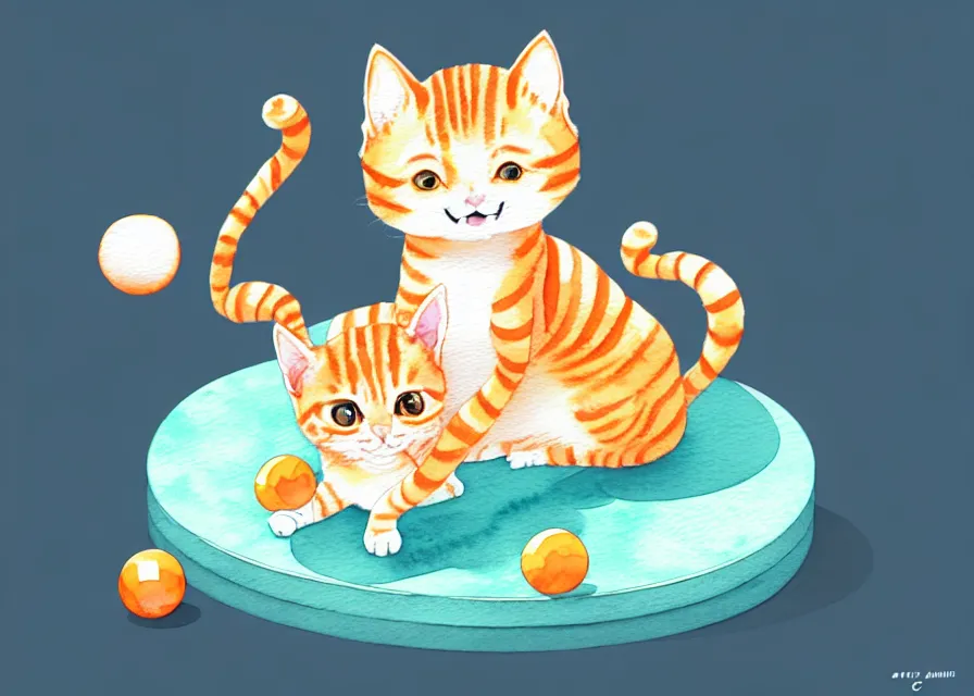 Image similar to cute and funny, orange tabby kitten playing with a ball of yarn, centered award winning watercolor pen illustration, isometric illustration by chihiro iwasaki, edited by range murata, tiny details by artgerm and watercolor girl, symmetrically isometrically centered