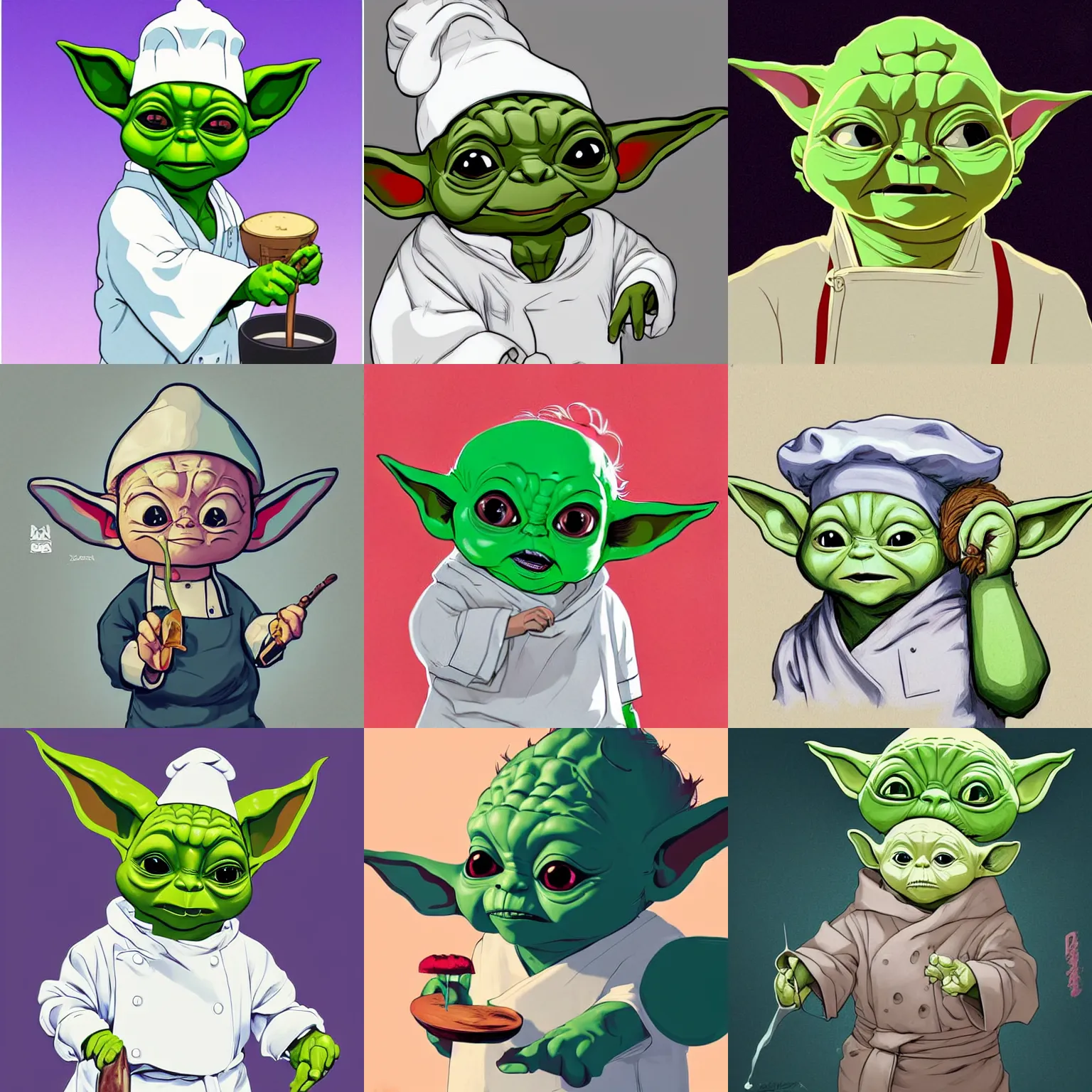 Prompt: cell shaded portrait of baby yoda as a chef wearing a white chef hat and white apron, concept art, llustration, concept art by josan gonzales and wlop, by james jean, victo ngai, david rubin, mike mignola, laurie greasley, highly detailed, sharp focus, logo trending on artstation, hq, deviantart, art by artgem