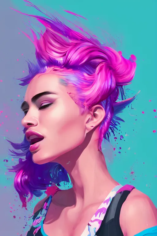 Image similar to a award winning half body porttrait of a beautiful woman in a croptop and cargo pants with ombre purple pink teal hairstyle with head in motion and hair flying, paint splashes, outrun, vaporware, shaded flat illustration, digital art, trending on artstation, highly detailed, fine detail, intricate