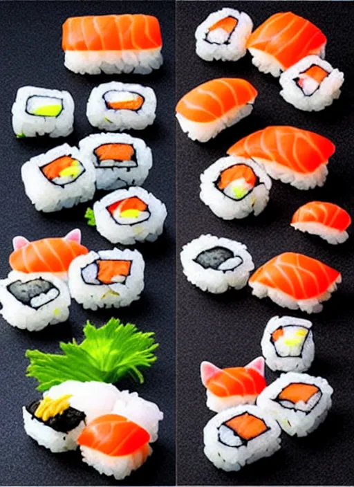 Image similar to clear photorealistic picture of adorable cats made out of sushi, sitting on sushi plates, additional sushi