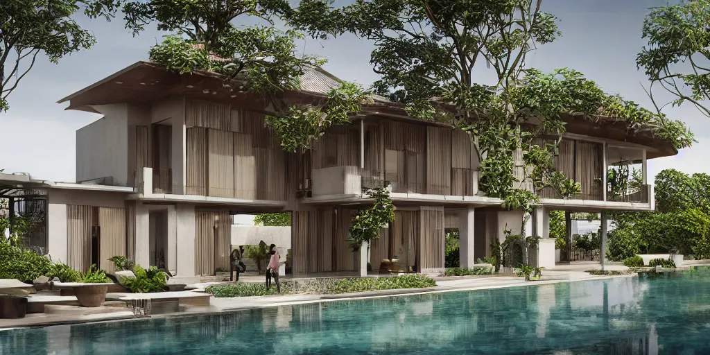 Image similar to 3d rendering of beautiful nature meets architecture concept of a residential house. balinese architecture, volumetric lighting, luxury, high detail, 14mm, cinematic photography, cg architects, high resolution