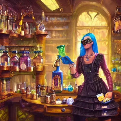 Image similar to a beautiful stunning interesting photorealistic digital illustration of a woman wearing steampunk safety goggles while mixing potions, in a potion shoppe, colorful bottles and plants, awesome and moody afrofuturism by marc poole and tyler edlin