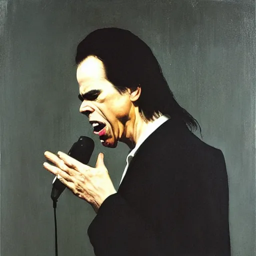 Prompt: Nick Cave singing by Phil Hale and Caravaggio