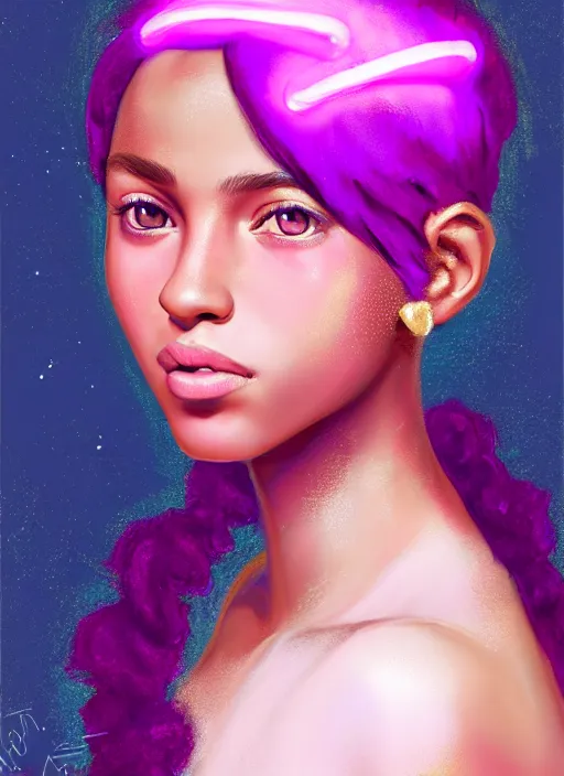 Image similar to portrait of teenage vanessa morgan with bright pink hair, black girl, curly pixie cut hair, wearing a purple breton cap, breton cap, hoop earrings, intricate, elegant, glowing lights, highly detailed, digital painting, artstation, concept art, smooth, sharp focus, illustration, art by wlop, mars ravelo and greg rutkowski