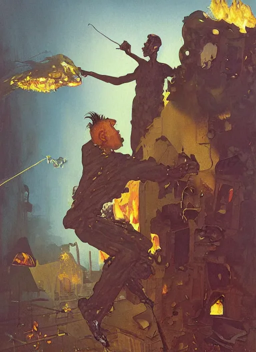 Prompt: realistic detailed painting of a burning house and a man screaming at the sight in the style of francis bacon, surreal forest, norman rockwell and james jean, greg hildebrandt, and mark brooks, triadic color scheme, by greg rutkowski, in the style of francis bacon and syd mead and edward hopper and norman rockwell and beksinski, dark surrealism, open ceiling