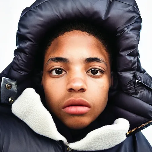 Image similar to realistic! photoshoot for a new balenciaga lookbook, color film photography, portrait of a beautiful woman wearing a puffer jacket, photo in style of tyler mitchell, fisheye lens