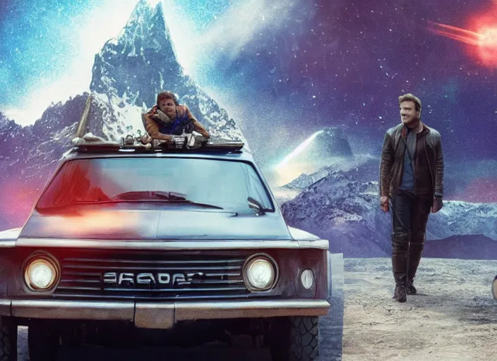 Image similar to a very high resolution image from a new movie, starlord. inside of a car. mountains, falling stars, directed by wes anderson