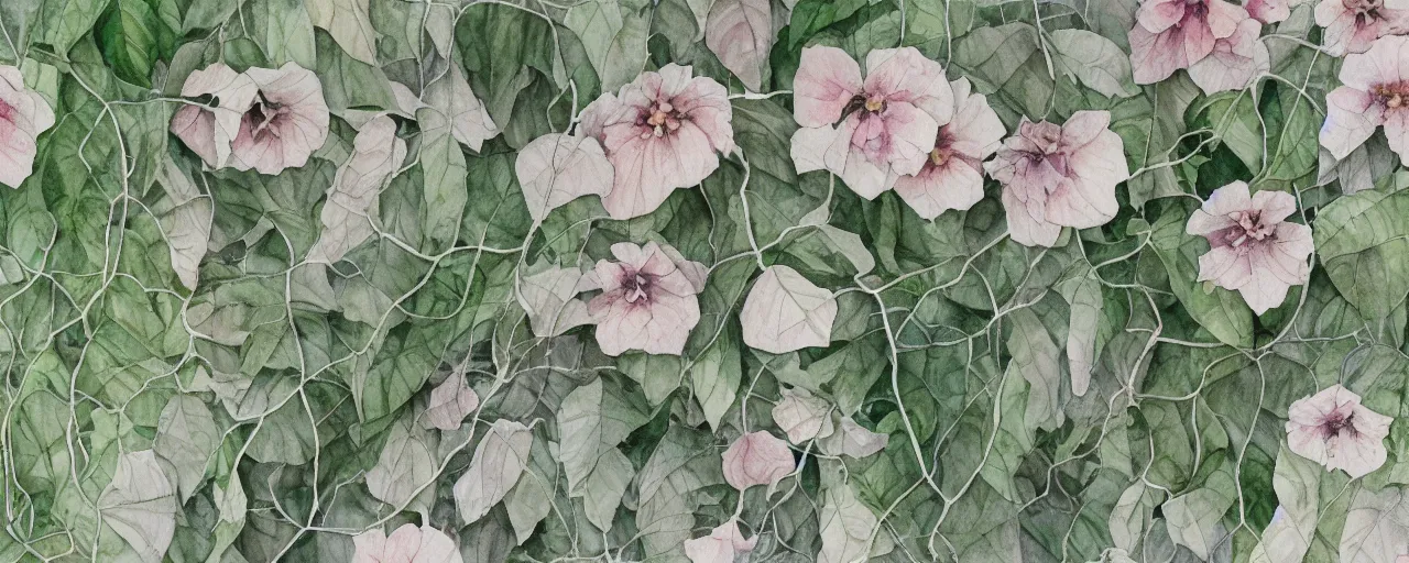 Image similar to delicate marble in a botanic garden, stony, puffy, botanical herbarium paper, watercolor colored painting and pencil, iridescent colors, 8 k, realistic shaded, fine details, artstation, italian, colonnade, vines, flowers, gardena architecture, pompeii