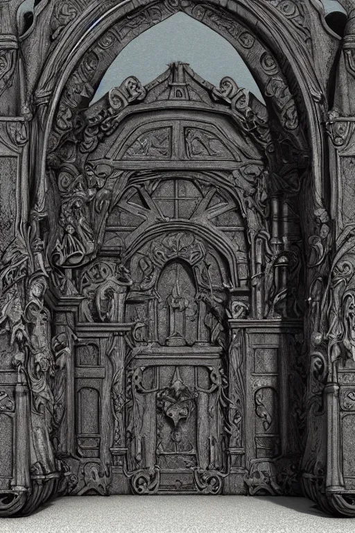 Image similar to a portal gate to hell. hyper - detailed. cast iron. ominous shapes. epic. sinister. medieval. hyper - realistic. octane render