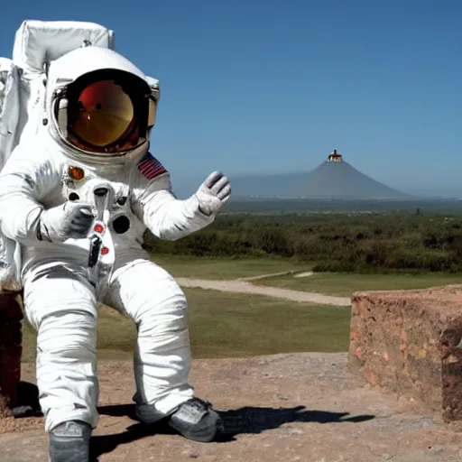 Prompt: an astronaut playing guitar at the Cholula pyramid