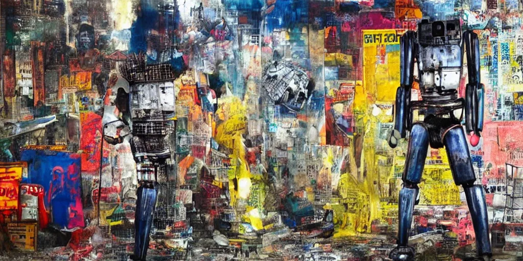 Prompt: robot in Ajegunle slum of Lagos conversing with African Jesus Christ about beauty under a large UFO beaming a neon ray, painting by Robert Rauschenberg,