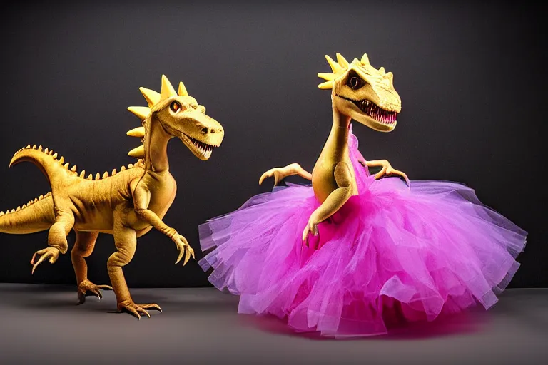 Prompt: dinosaur wearing a tutu, studio lighting, highly detailed, striking, inspiring