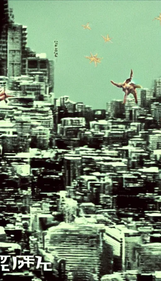 Image similar to a film still of an urban north korean monster movie, kaiju - eiga monster starfish, film noir, video compression, ripple effect