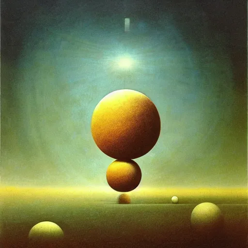 Prompt: spheres flying across the horizon, zdzislaw beksinski