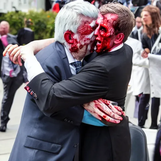 Prompt: Zombie Patrick Balkany hugging kawaii Alexandre Benalla