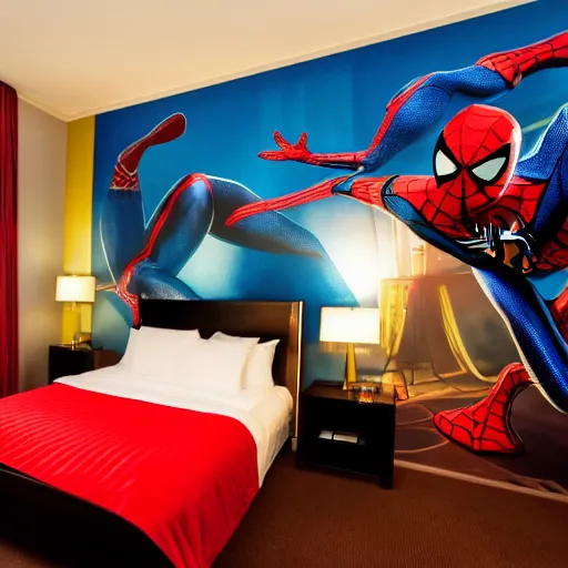 Image similar to photography of theme park hotel room themed to spider - man motif. bed has spider - man blankets. wall has spider - man pattern. furniture has spider - man motif. furniture is shaped like spider - man furniture. carpet has spider - man motif. lighting has spider - man film shapes