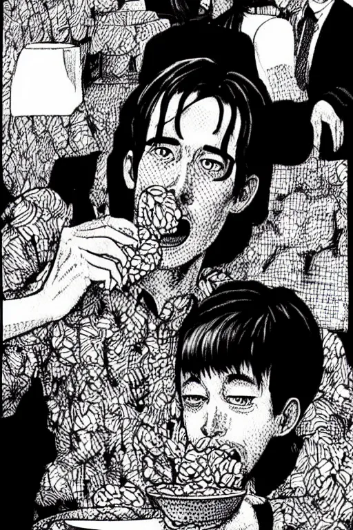 Prompt: junji ito illustration of ryan gosling eating cereal