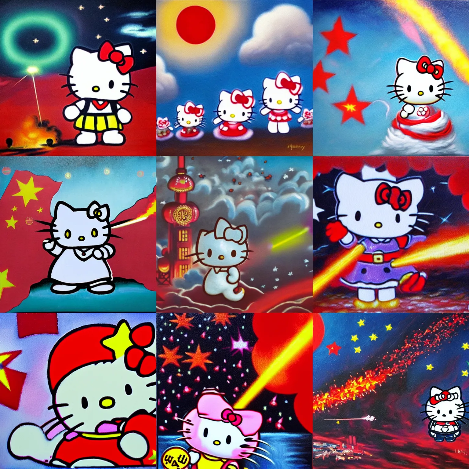 Prompt: ultradetailed oil painting of a hello kitty shooting lasers at shanghai, hello kitty overthrows the chinese communist party, tanks explode, explosion