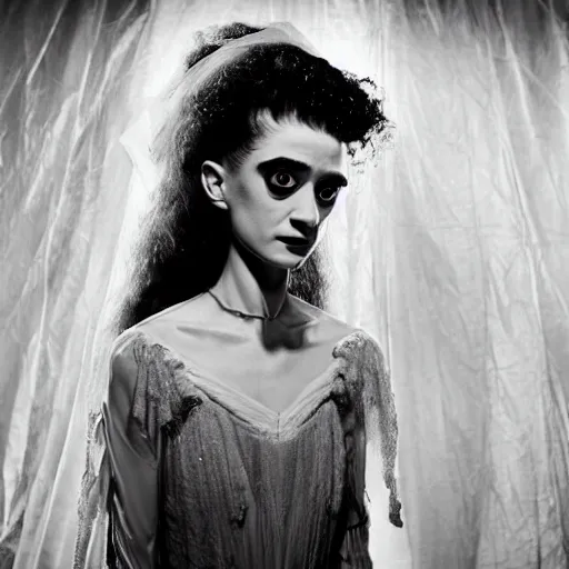 Image similar to natalia dyer as the bride of frankenstein, universal, movie, photography, portrait, beautiful,