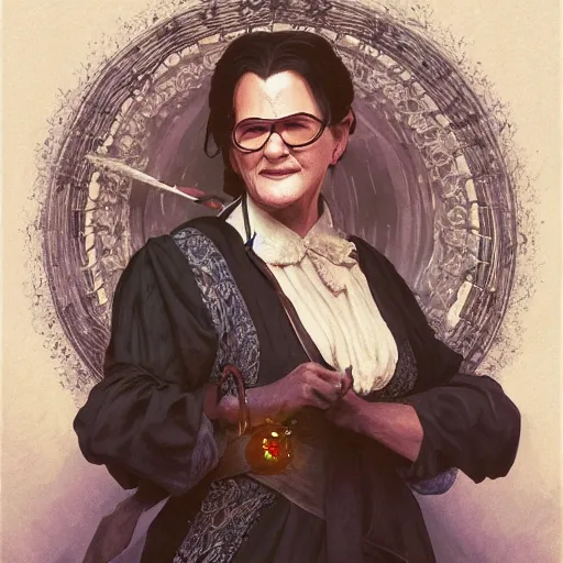 Image similar to mrs doubtfire as a witch, d & d, fantasy, intricate, elegant, highly detailed, digital painting, artstation, concept art, matte, sharp focus, illustration, art by greg rutkowski and alphonse mucha