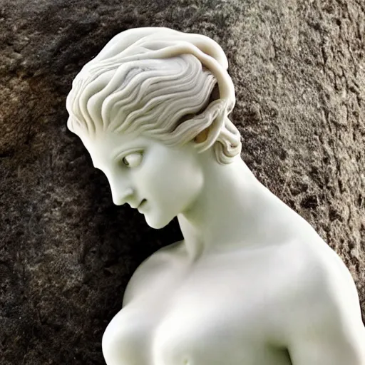 Prompt: female medusa long hair, photo from afar, marble statue, beautiful delicate face, macro shot head, sea background