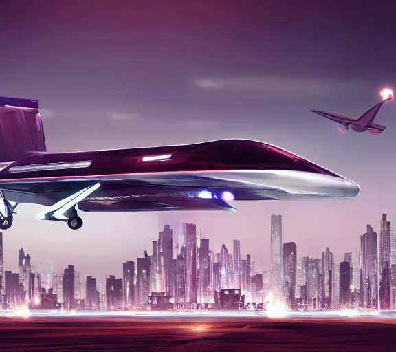 Image similar to futuristic sci fi jet lands at runway of cyberpunk city, night photo ,dark cinematic lighting , digital concept art