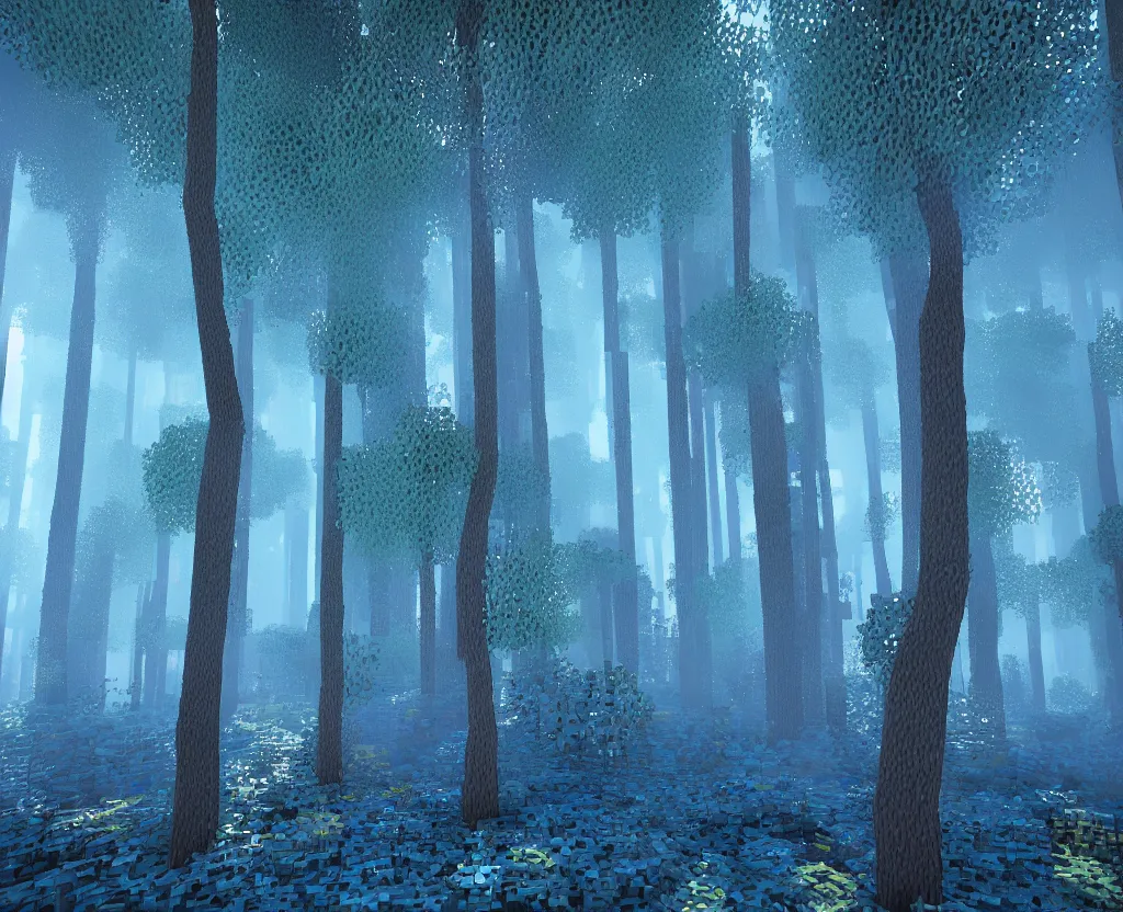 Prompt: blue forest, glowing, minecraft, digital art, highly detailed, artstation, octane render