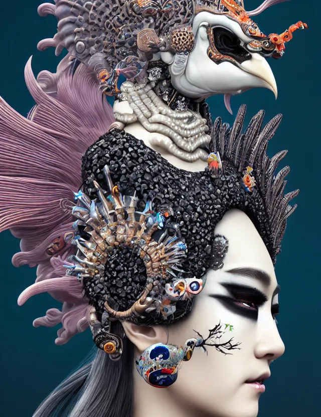 Image similar to 3 d goddess close - up profile portrait with crown, ram skull. beautiful intricately detailed punk japanese crow kitsune mask and clasical japanese kimono. betta fish, jellyfish phoenix, bio - luminescent, plasma, ice, water, wind, creature, artwork by tooth wu and wlop and beeple and greg rutkowski