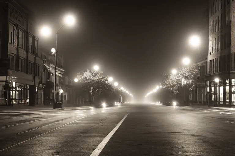 Prompt: washington main street, lonely, midnight, fog, no lights