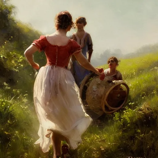 Prompt: close up of jack and jill going up the hill to fetch a pale of water, cinematographic shot, by daniel f. gerhartz