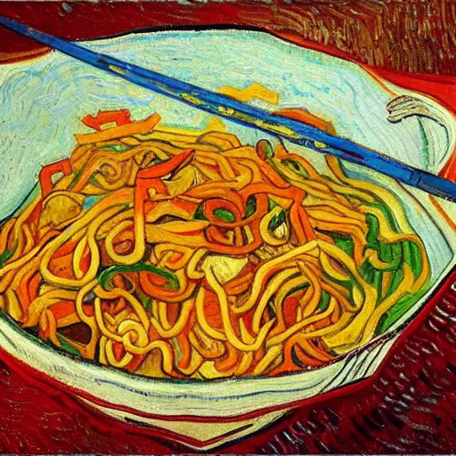 Prompt: painting of chicken lo mein, spicy, by vincent van gogh