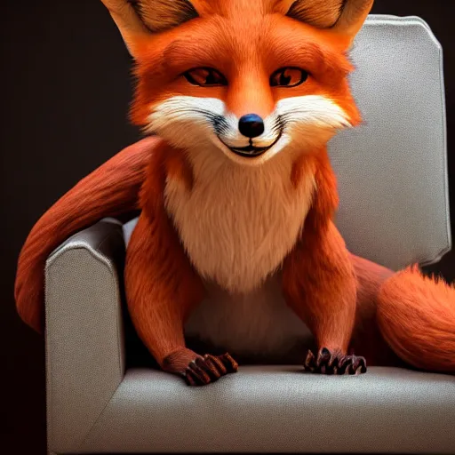 Prompt: an anthropomorphic fox wearing a t-shirt and leans, sitting on a couch, art, artstation, very coherent symmetrical artwork, highly detailed, realistic, octane render