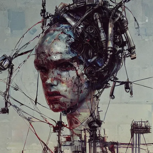 Image similar to mad max rockatansky, wires cybernetic implants, abandoned steelworks, grime and grunge, in the style of adrian ghenie, esao andrews, jenny saville,, surrealism, dark art by james jean, takato yamamoto