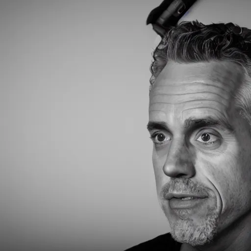 Image similar to Jordan Peterson cleans his room with a vacuum, motivational poster, inspirational art, high detail, realistic, mid shot, open, sharp