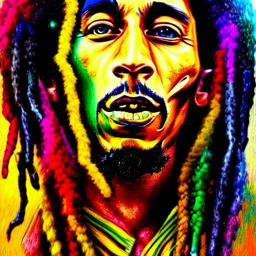 Image similar to an extremely psychedelic portrait of bob marley, surreal, lsd, face, detailed, intricate, elegant, lithe, highly detailed, digital painting, artstation, concept art, smooth, sharp focus, illustration