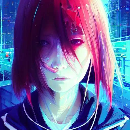 Image similar to by kyoto animation, cool girl wearing cyberpunk intricate streetwear, beautiful, detailed symmetrical close up portrait, intricate complexity, in the style of artgerm and ilya kuvshinov, cell shaded, 4 k, concept art, by wlop, krenz cushart, greg rutkowski, pixiv. cinematic dramatic atmosphere, cinematic lighting, studio quality