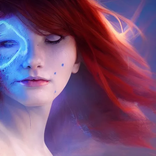 Image similar to redhead vampire sorceress, perfect face viewed in profile, bright glowing blue and silver eyes, gold shirt, cinematic, floating ash, stunning, highly detailed, artstation, smooth, hard focus, concept art, art by artgerm and greg rutkowski and alphonse mucha, volumetric lighting, octane render, 4 k resolution, trending on artstation, masterpiece