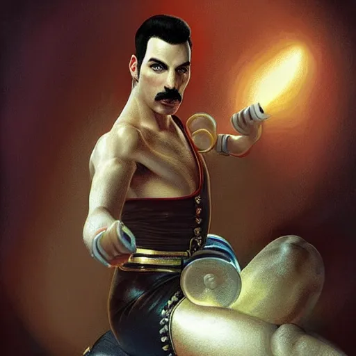 Image similar to portrait of freddie mercury playing mario after hitting the gym for one year, fantasy, intricate, elegant, highly detailed, digital painting, artstation, concept art, matte, sharp focus, illustration, art by aenaluck and roberto ferri and greg rutkowski, digital painting