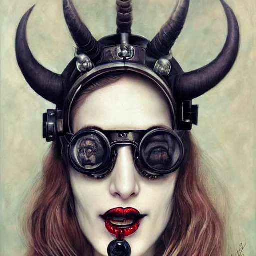 Prompt: a hyperrealistic portrait painting of a beautiful woman with demonic horns wearing steampunk goggles, black lipstick, evil smile, by santiago caruso, highly detailed,