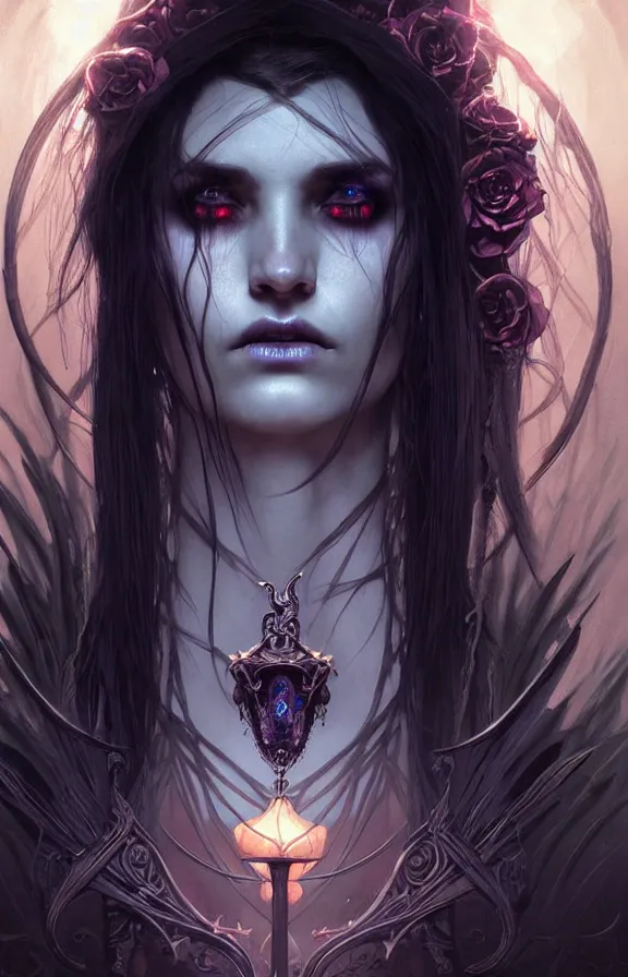 Image similar to Necromancer Sorceress face close-up macro in center, fantasy magic, undercut hairstyle, dark light night, intricate, elegant, sharp focus, illustration, highly detailed, digital painting, concept art, matte, art by WLOP and Artgerm and Greg Rutkowski and Alphonse Mucha, masterpiece