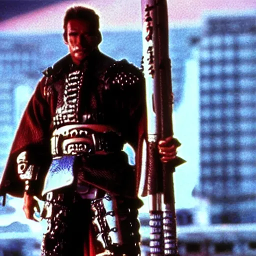 Image similar to schwarzenegger as cyberpunk samurai, 1 9 8 0 s movie still frame, art by ridley scott