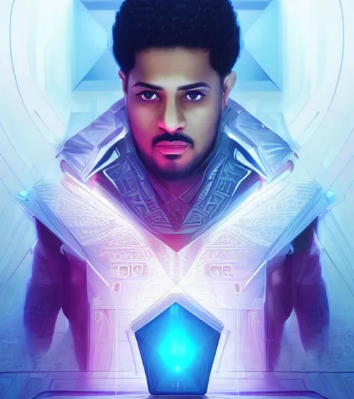 Image similar to symmetry!! egyptian king of technology, solid cube of light, hard edges, product render retro - futuristic poster scifi, lasers and neon circuits, brown skin male egyptian king, intricate, elegant, highly detailed, digital painting, artstation, concept art, smooth, sharp focus, illustration, dreamlike, art by artgerm