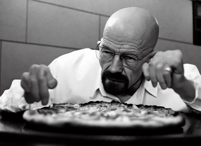 Prompt: cinematic portrait of walter white eating pizza at chuck - e - cheese, with sloppy cheesy sauce getting slopped up all over the place, dramatic lighting, moody film still from breaking bad ( 2 0 1 6 ), 3 5 mm kodak color stock, detailed face, 2 4 mm lens, directed by spike jonze, ecktochrome