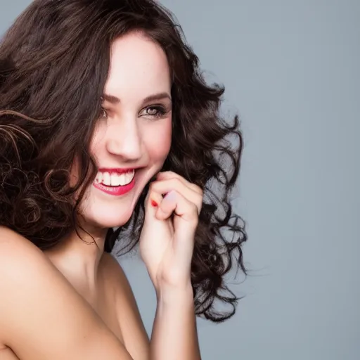 Image similar to a beautiful studio photo portrait of a long haired brunette woman, happy and smiling, dynamic pose