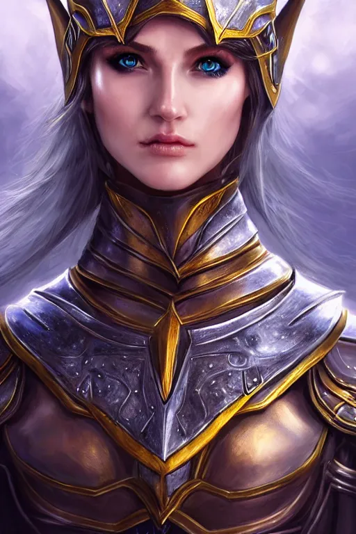 Prompt: head and shoulders portrait of an eldritch knight, elf, beautiful, female, breastplate, magical, high fantasy, d & d, by artgerm, face details, extremely detailed, vogue fashion photo
