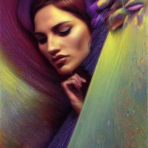 Image similar to detailed face of a woman clothed wrapped in textiles, lush, opulent, fauna, utopian, tech noir, wet reflections, prism, atmospheric, ambient, pj crook, syd mead, livia prima, artgerm, greg rutkowski, nick alm, casey baugh