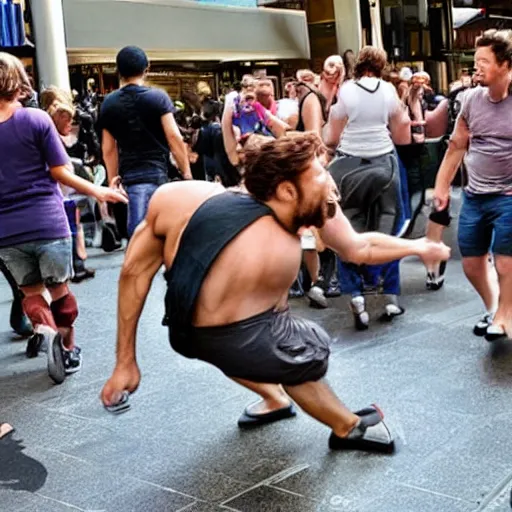 Prompt: xenomorph attacking a crowd of people in queen street mall queensland