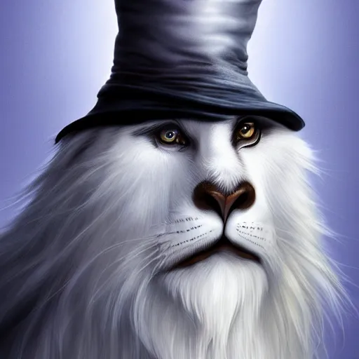 Image similar to portrait of a white panter with a very long fur and wizard hat, fantasy, trending on artstation, heroic pose, illustration, highly detailed, simple, 8k